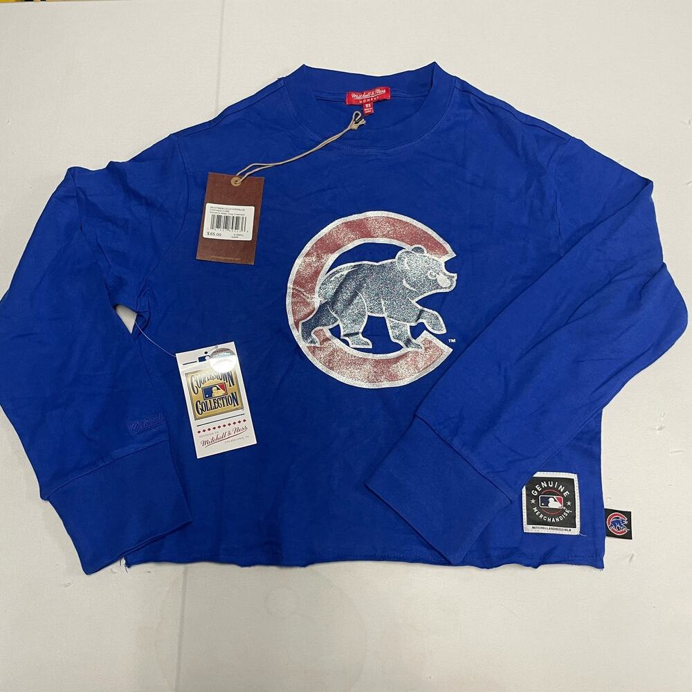 Chicago Cubs Mitchell & Ness Cooperstown Coll Women's Glitter Crop Crewneck NWT